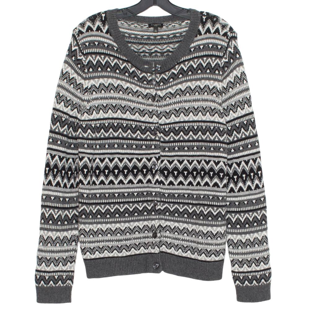 Talbots Cardigan Sweater Lambswool Fair Isle Nordic Preppy Cozy Beaded Gray PL
